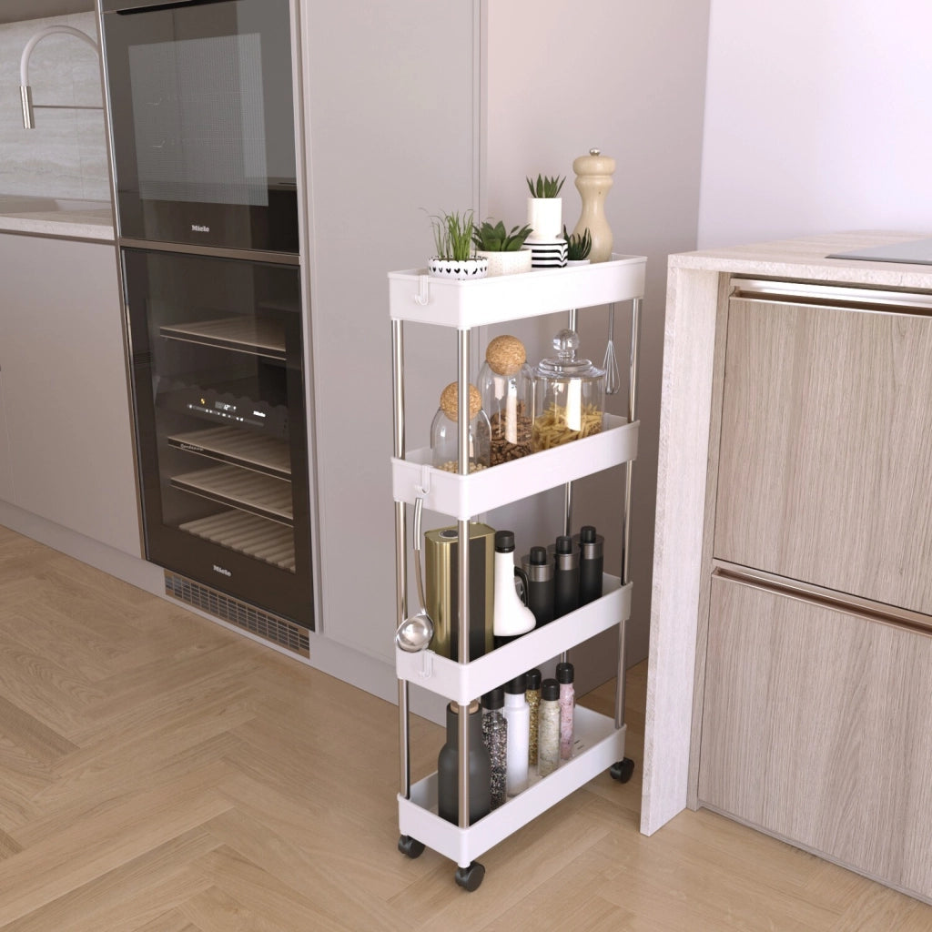 Carrello Portaoggetti A 4 Ripiani Mobile Salvaspazio In Plastica Con Ruote Struttura In Acciaio Per Spazi Ridotti Cucina Bagno Lavanderia Camera Da Letto Salotto Studio 40 x 13 x 85 Cm Bianco