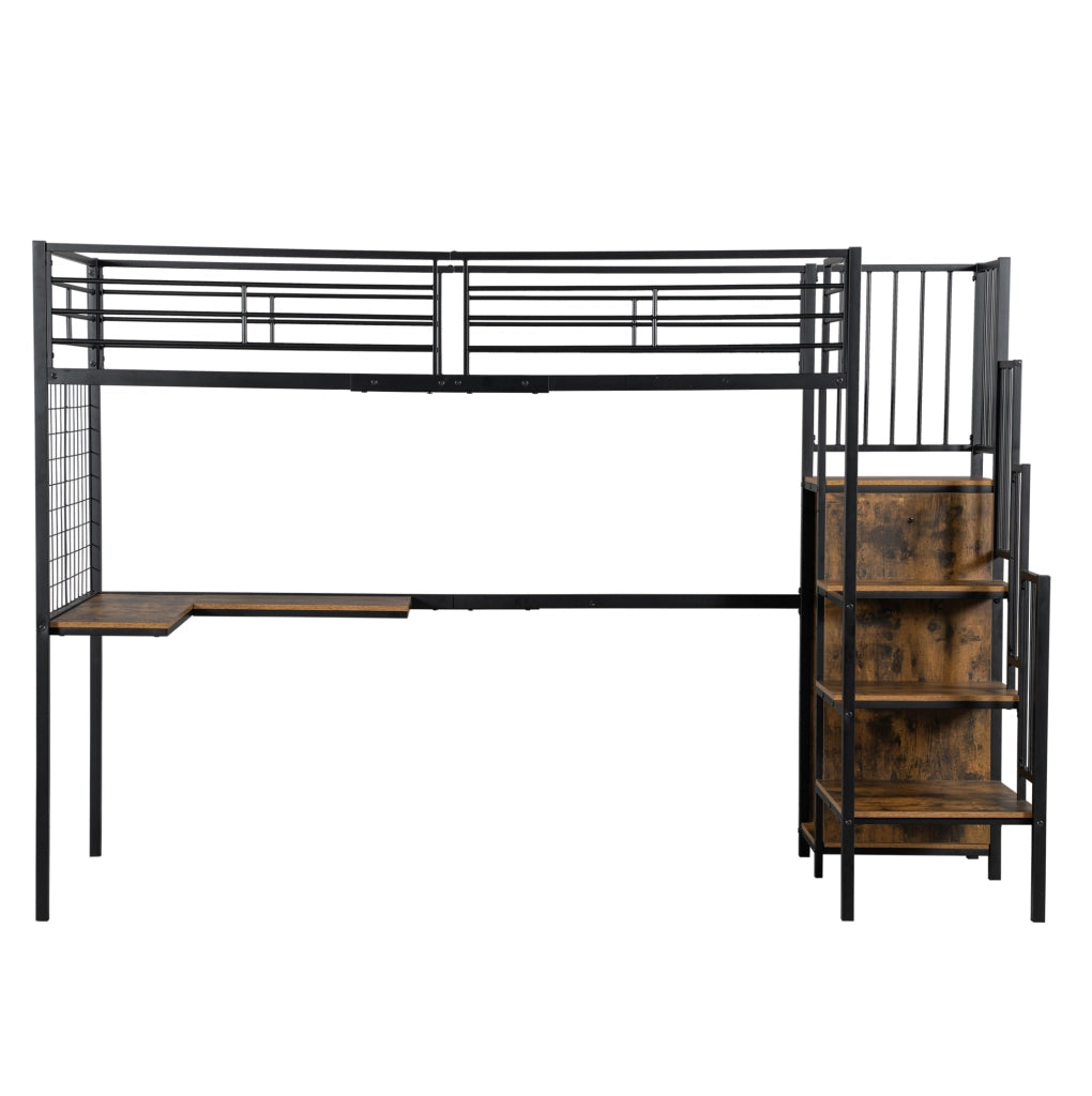 Letto a soppalco 90x200 cm con armadio integrato e scala laterale; MDF e metallo; nero noce scuro