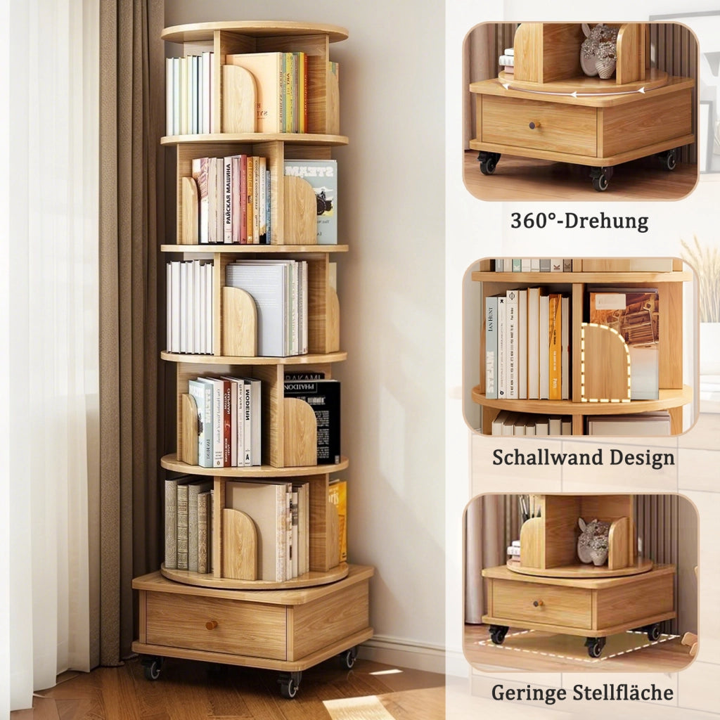 LIBRERIA Girevole 360° con cassetto e ruote 58x56x29 cm Colore legno MDF