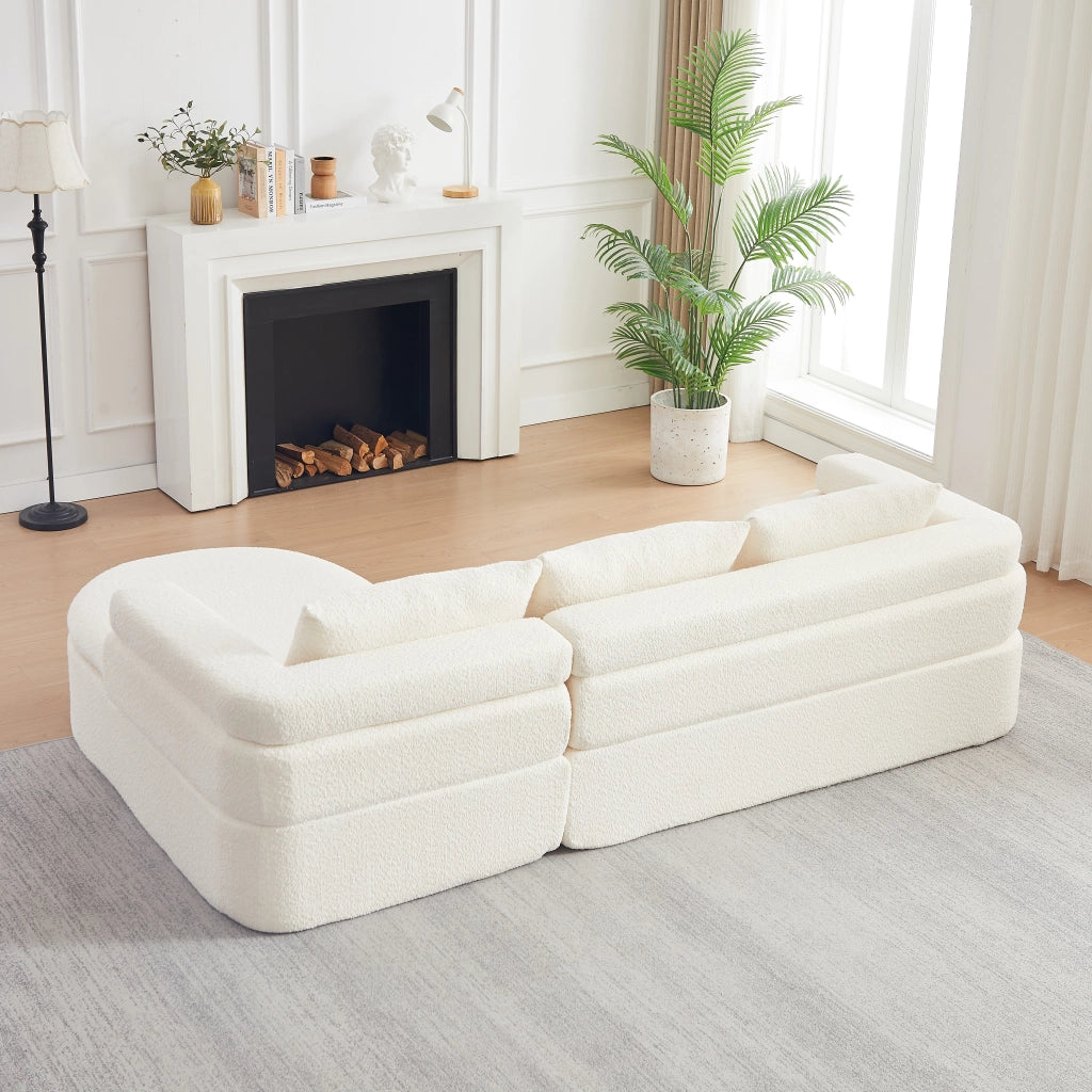 Divano angolare con chaise longue in ciniglia con schienali imbottiti e seduta sagomata a gradoni beige per soggiorno