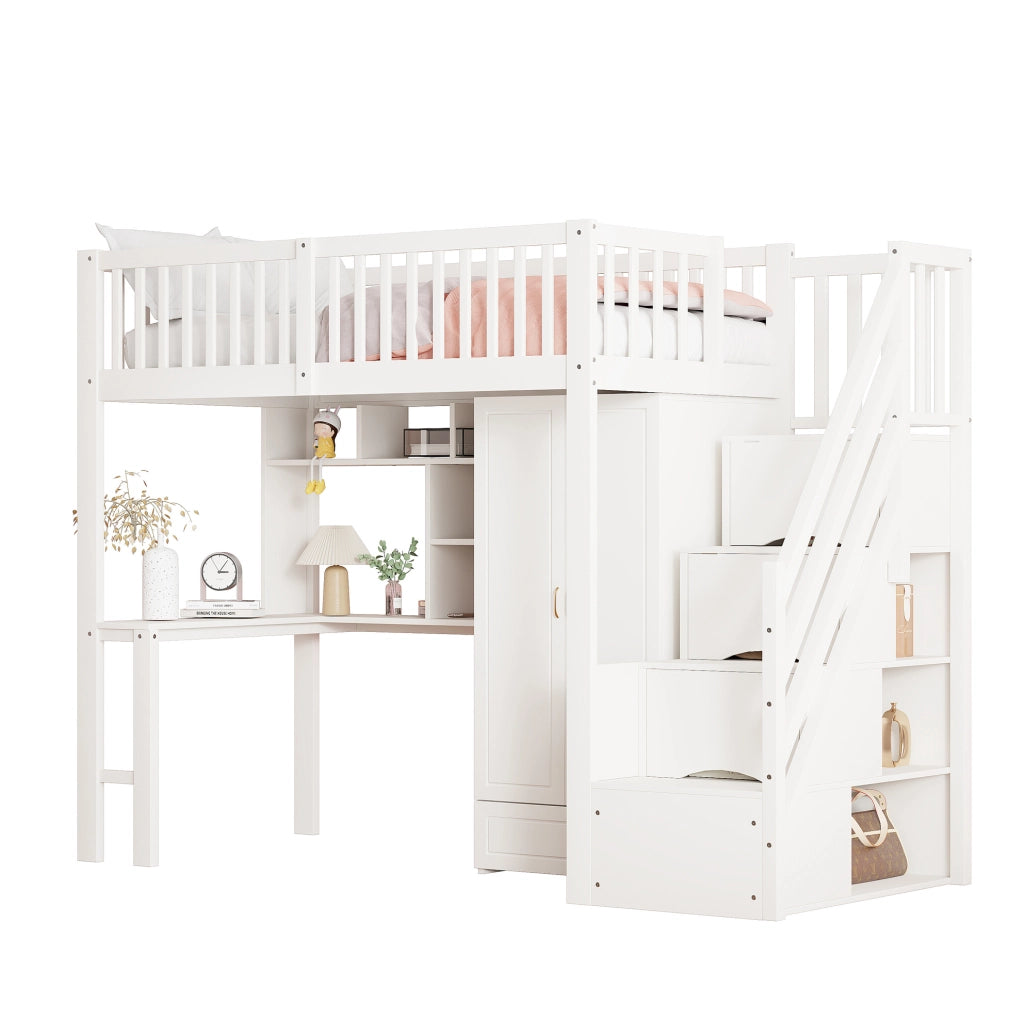 Letto a soppalco ULEVR 90x200 cm con armadio, scrivania, scaffale e scala con cassetti, bianco