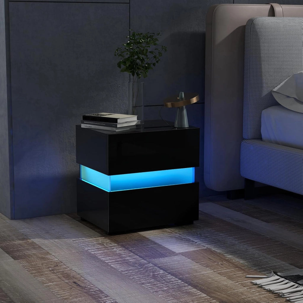 Tavolino a LED, Tavolino con Cassetto, Telecomando, 22 Modalità di Luce, 10 Velocità e 5 Luminosità, Comodino Moderno da Salotto e Camera da Letto (2, Nero)