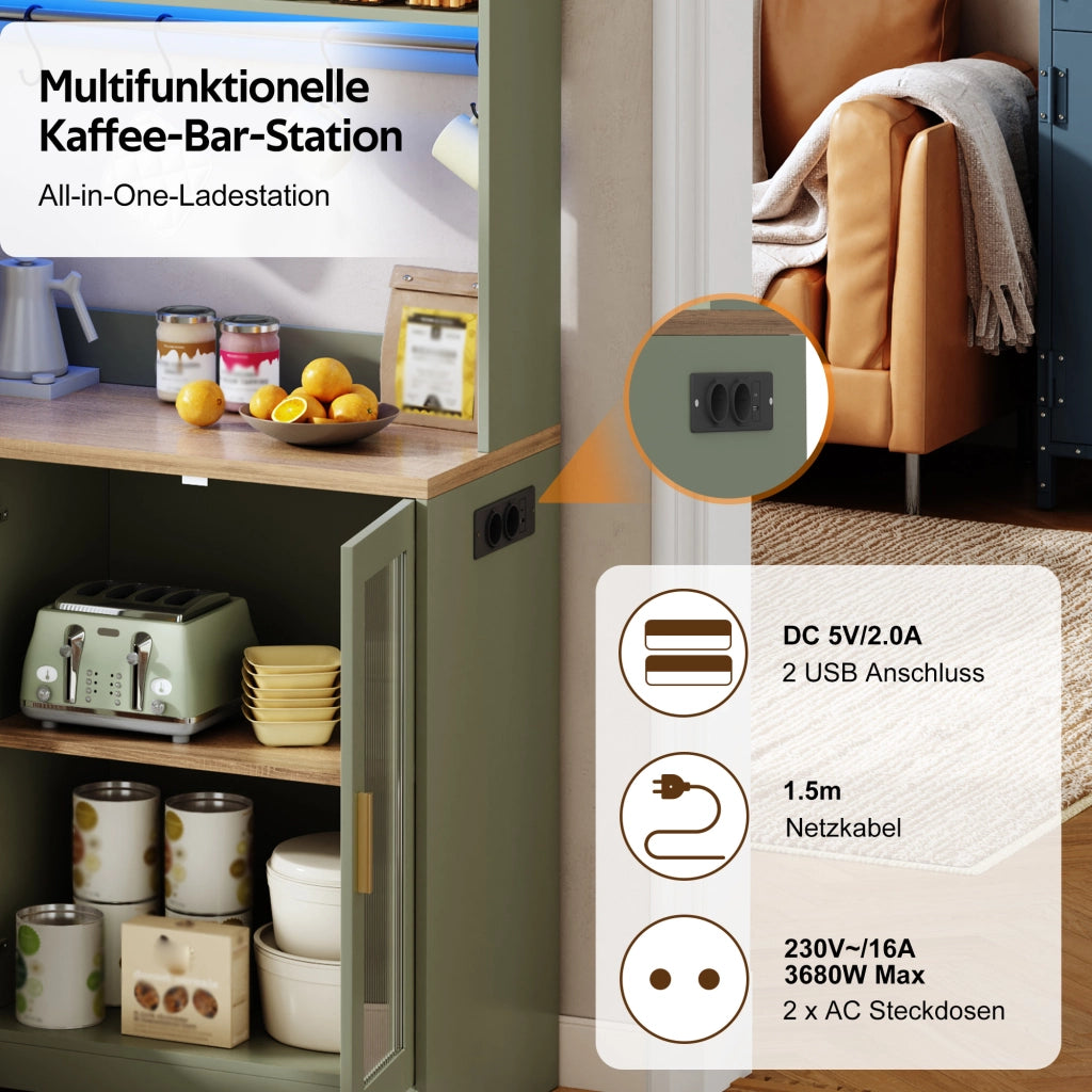 Credenza alta con vetrina, LED e prese USB, 4 ante in vetro temperato, per cucina, verde, 40 × 110 × 178 cm