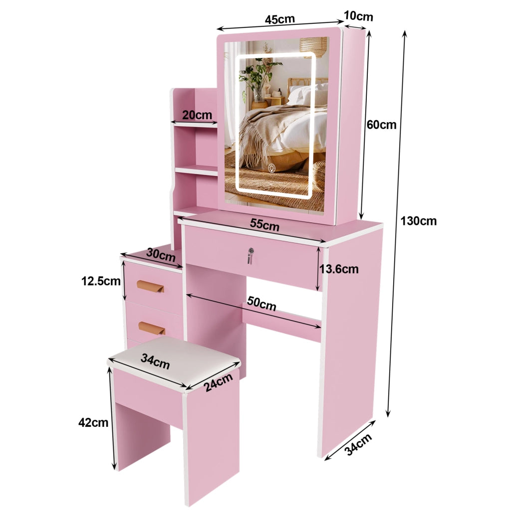 Toeletta ULEVR con specchio LED a 3 modalit¨¤, ante scorrevoli a specchio e sgabello, rosa, MDF