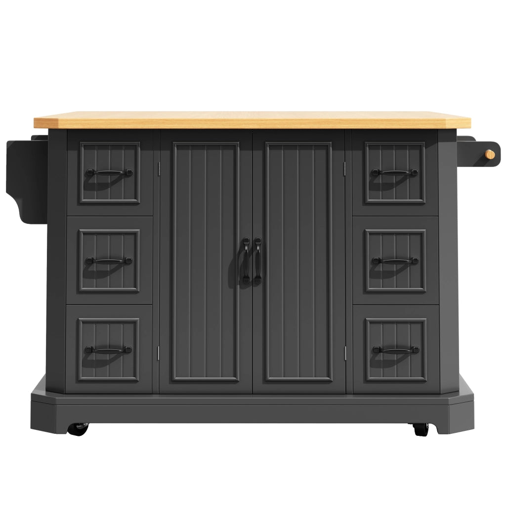 Isola da cucina 120x45x91 cm con 2 ante e 6 cassetti su ruote in MDF e metallo nera
