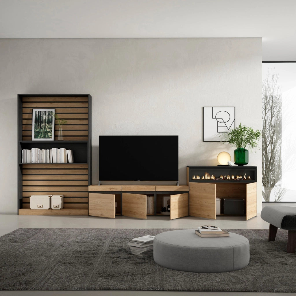 Mobile TV, Soggiorno, 360x35x186cm, Per TV fino a 65", Camino elettrico, colore Rovere e nero RF3161
