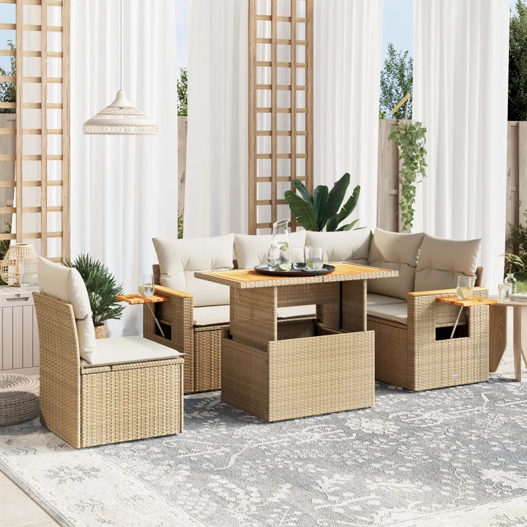 Set Divano da Giardino 6 pz con Cuscini Beige in Polyrattan