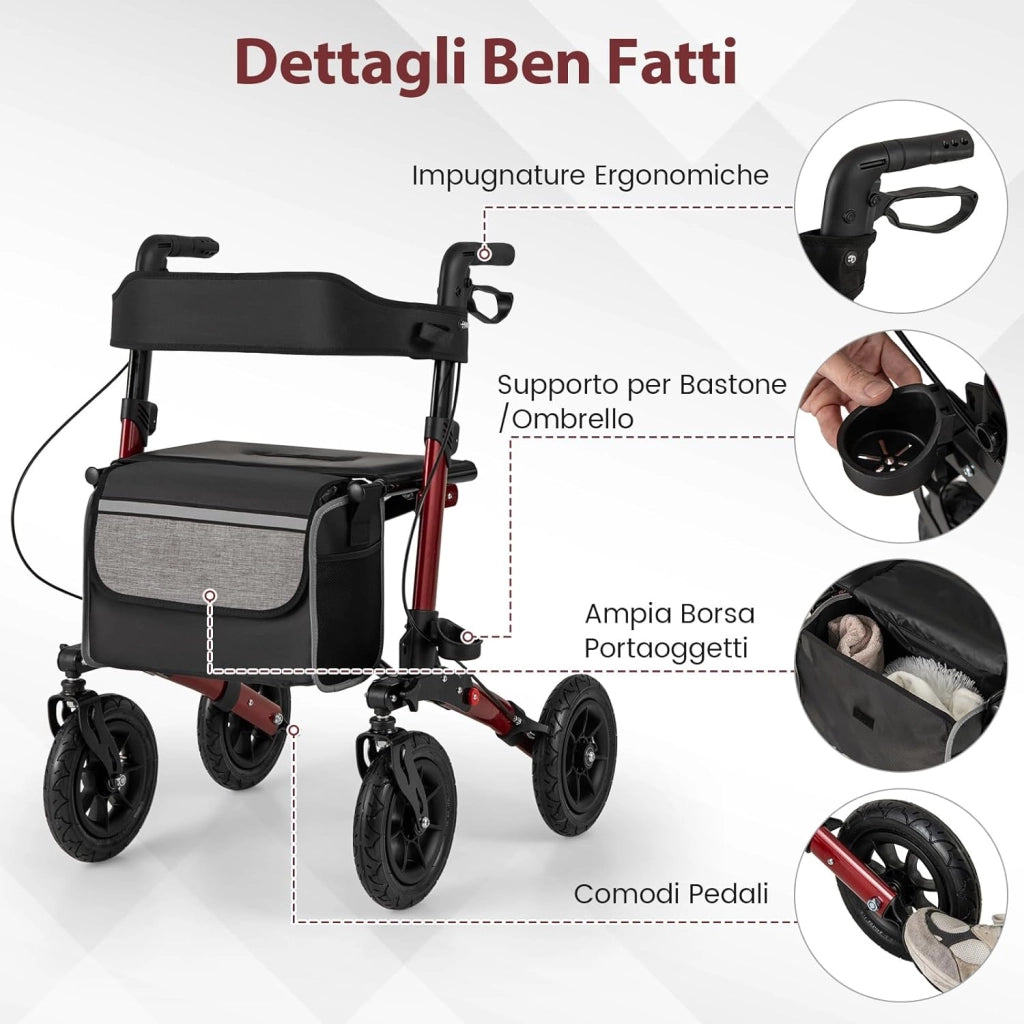 Deambulatore Pieghevole per Anziani in Alluminio, Rollator Regolabile in Altezza con Seduta, Schienale e Freni, Girello per Anziani con Borsetta, Carico Massimo 140 kg (Rosso)