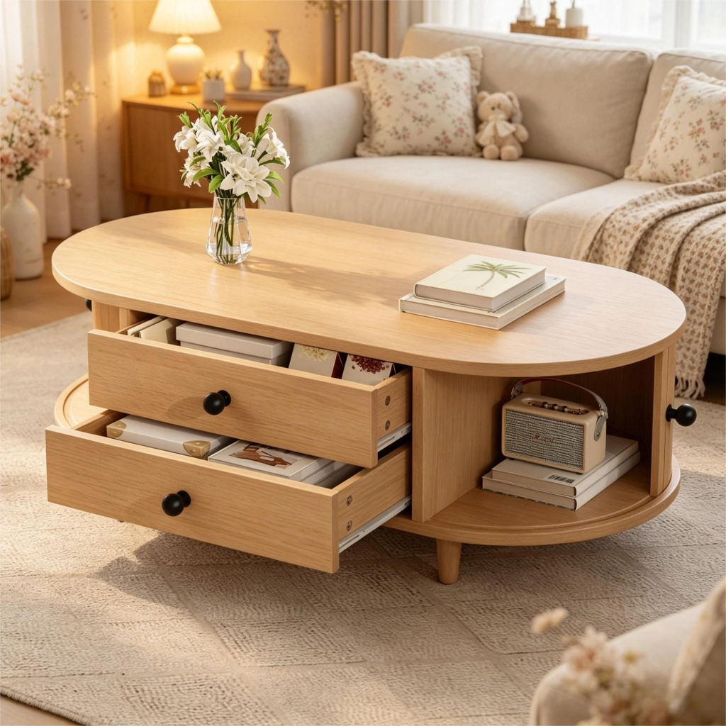Tavolino basso con 2 cassetti e ante scorrevoli, in MDF con gambe in legno massello, per soggiorno, 100 × 50 × 36 cm
