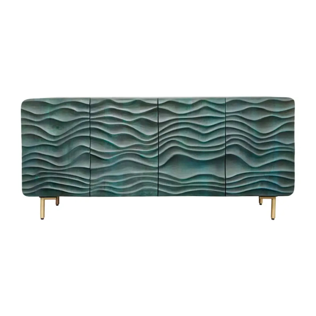 Buffet ONDARA 160 cm – Legno Massiccio Verde Scolpito – Piedi Dorati – Design Contemporaneo