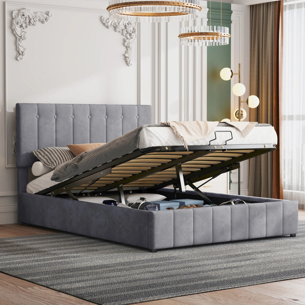 Letto imbottito con contenitore idraulico e testiera regolabile, 140x200 cm, grigio