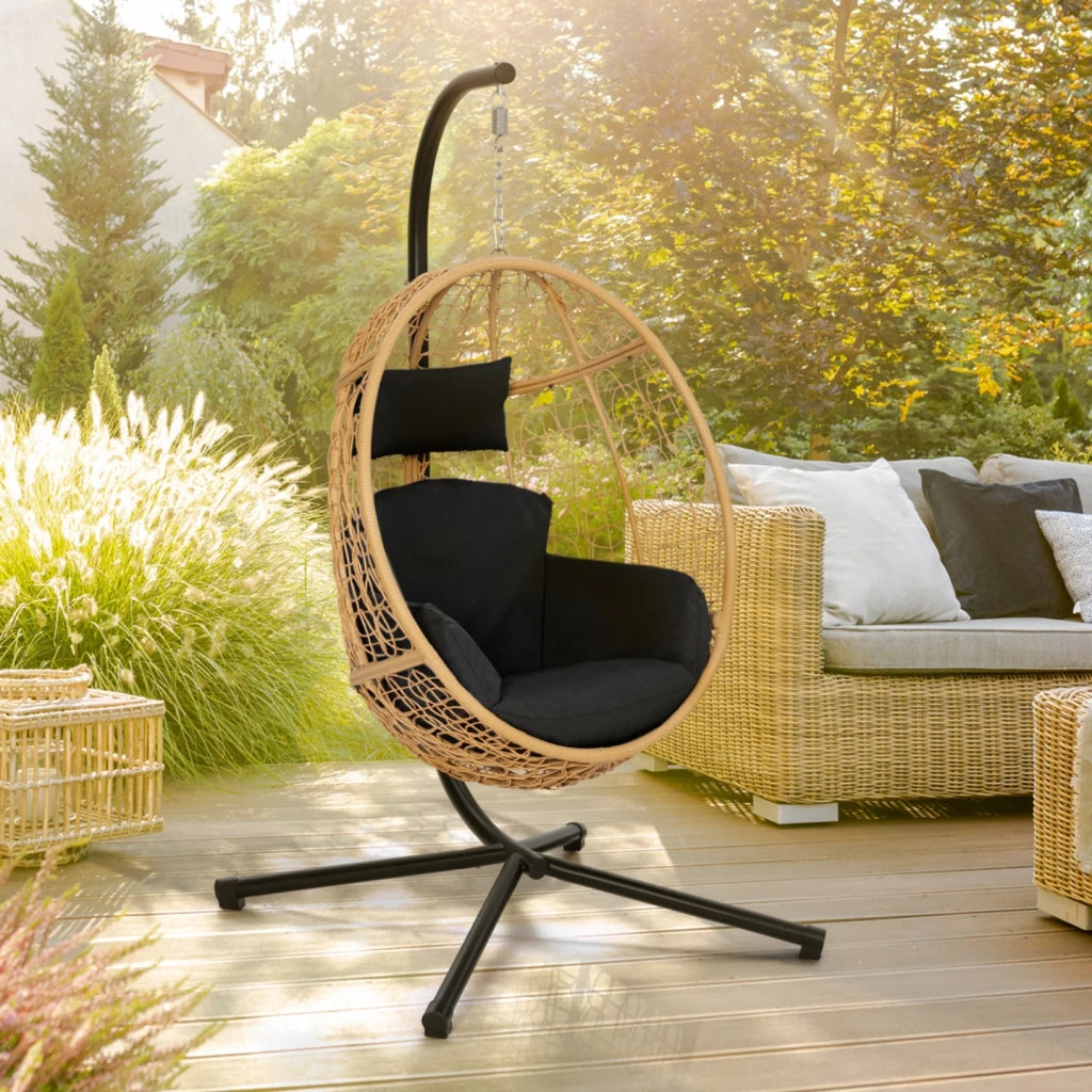 IDMarket - Poltrona sospesa a forma di uovo in rattan traforato con cuscino nero
