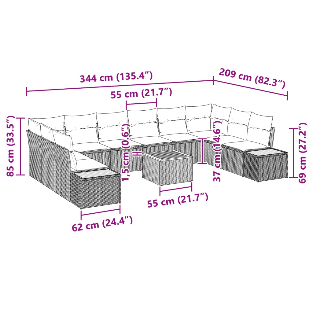 Set di Divano da Giardino da 11 Pezzi con Cuscini Beige in Polyrattan e Acacia