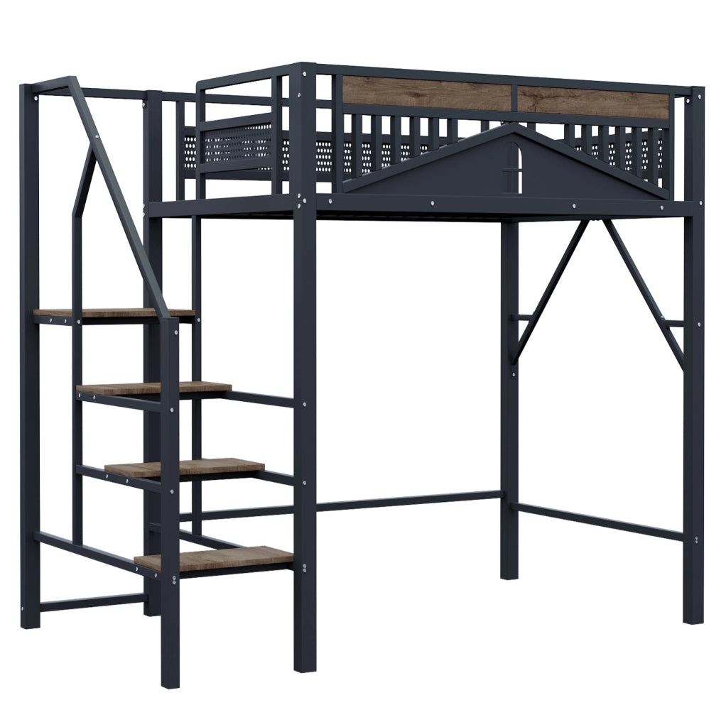 Letto a soppalco 140x200 cm in metallo con scala di sicurezza e spazio sottostante; nero