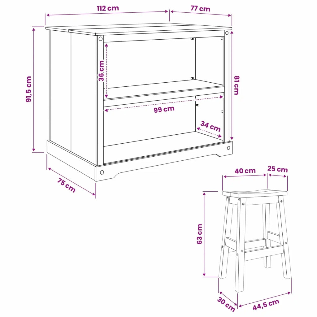 Set isola da cucina 3 pcs Cera di Miele Pino Massello 3425394