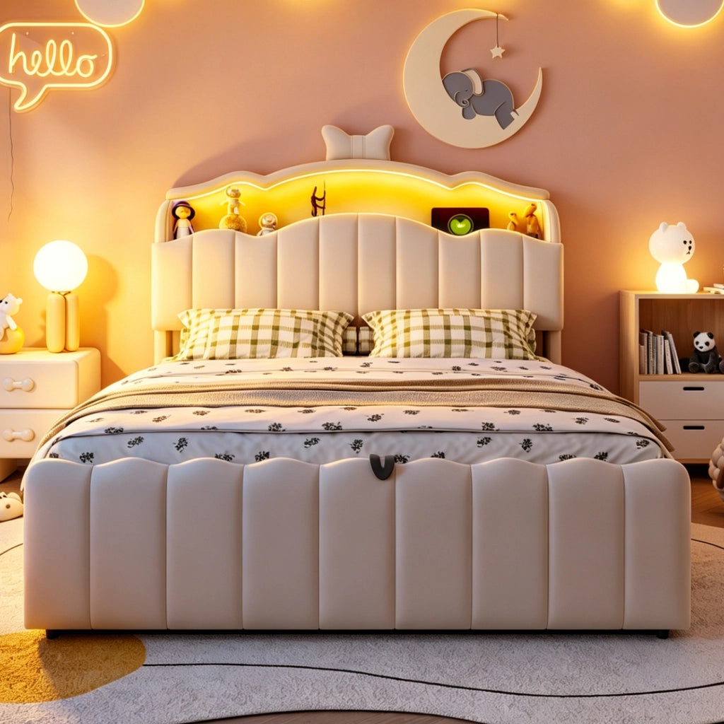 Letto contenitore 2 posti con USB; USB-C; LED regolabile e vani portaoggetti; 140 × 200 cm; senza materasso