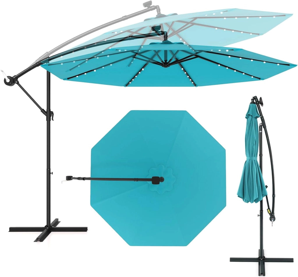 Ombrellone da Giardino 3m con Luci Solari, Ombrellone da Patio Anti UV con Base Croce, Ombrellone a Manovella da Esterno con Regolazione Inclinazione per Cortile, Piscina