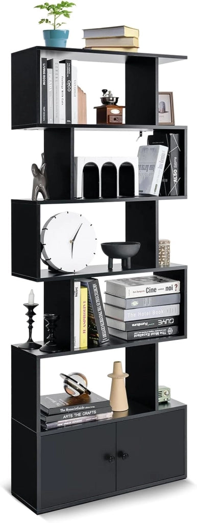 Scaffale a 6 Ripiani con cassetto, Libreria Autoportante, Scaffale da Terra, Design Moderno, 70 x 23 x 183 cm, Bianco/Marrone/Nero (Nero)