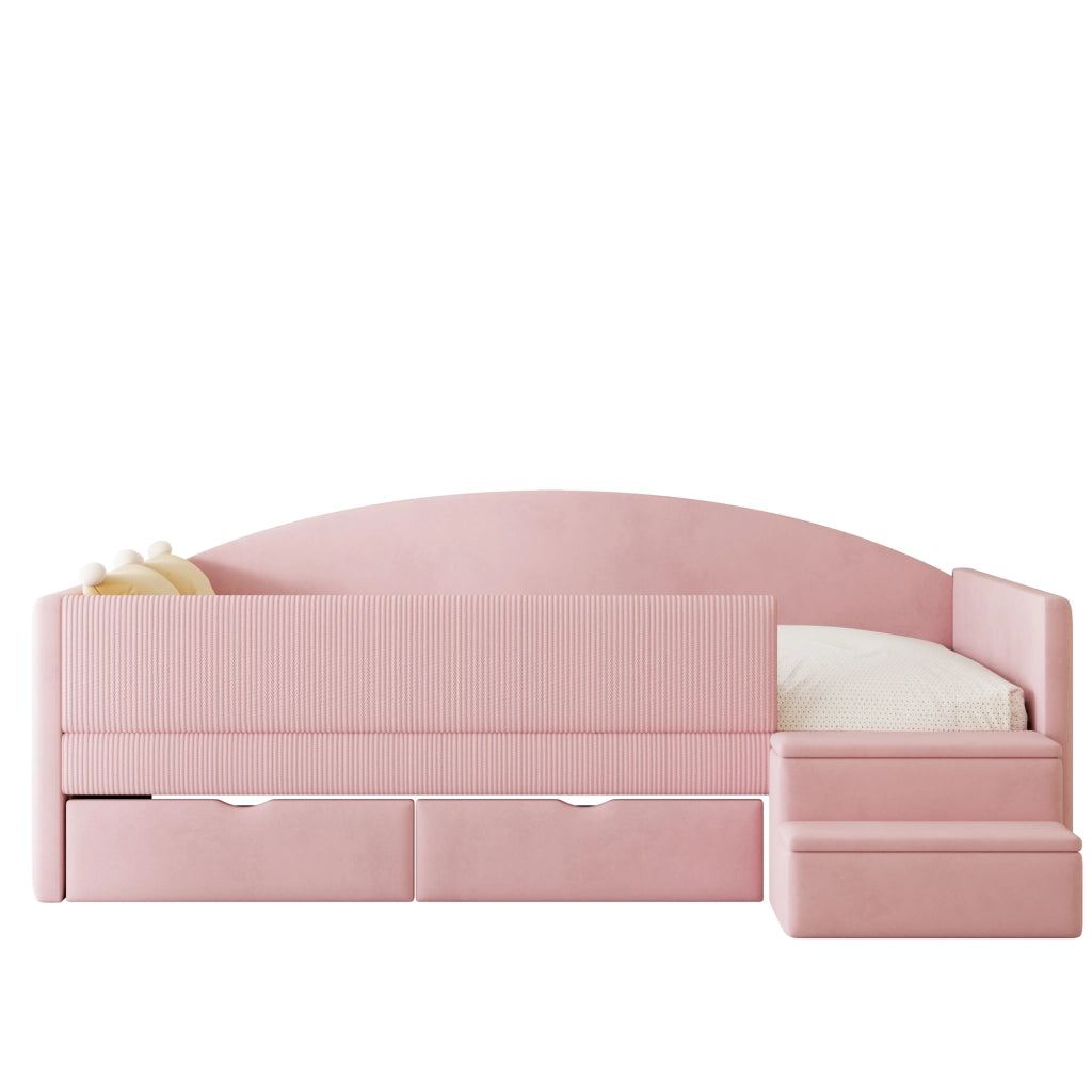 LETTO imbottito 90x190 cm Rosa con 2 cassetti e scaletta