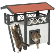 Casetta per Gatti da Esterno con Terrazza e Scaletta in Legno, 77x50x73cm, Bianco e Grigio