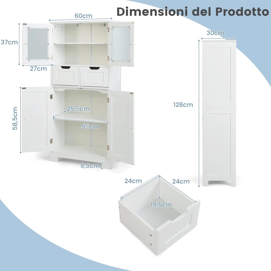 Armadio da Terra con 4 Ante, Mobile da Bagno con 2 Ante in Vetro 2 Cassetti e Ripiani Regolabili, Armadio Multifunzionale per Bagno e Soggiorno (Bianco, 60x30x128cm)