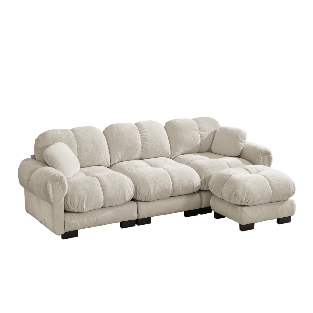 Divano angolare 3 posti - con pouf mobile e 2 cuscini - in ciniglia - beige chiaro