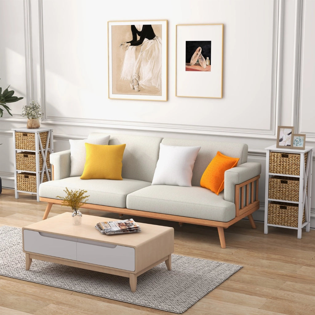 Set di 2 comodini a 4 piani-Tavolini laterali stretti con 3 cesti di giunc gambe in legno di acacia Bianco