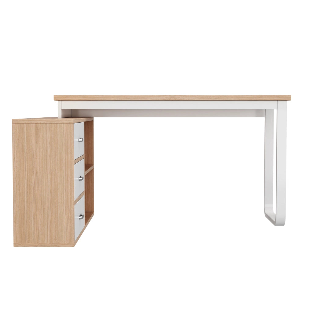 Scrivania lineare con 3 cassetti e 2 vani aperti, struttura in MDF e metallo, finitura naturale e bianco per ufficio