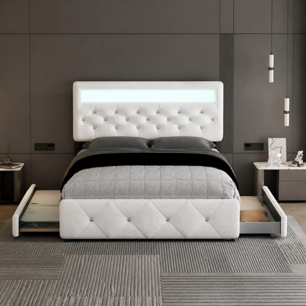 DESMIU Letto Divano 140 × 200 cm 2 posti con 2 cassetti, letto estraibile, senza materasso, in lino e cotone, bianco