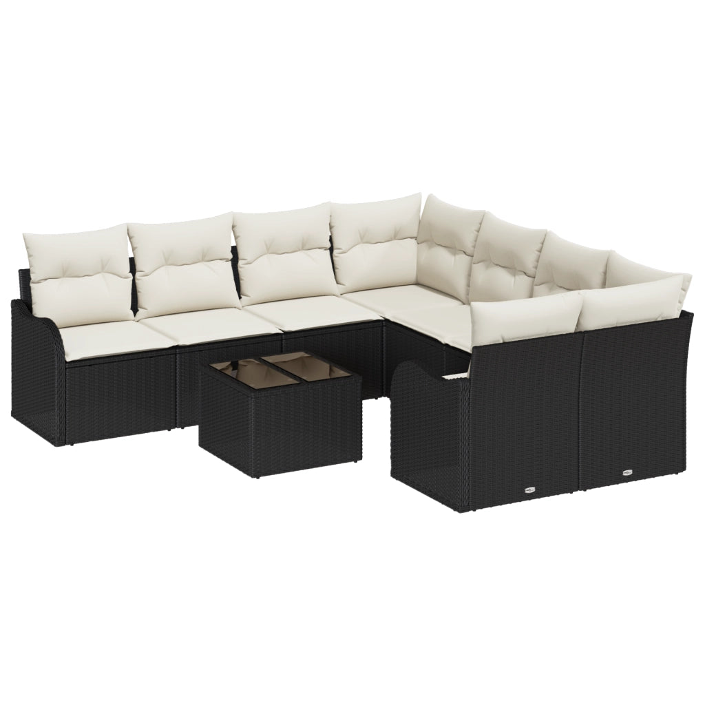 Set Divano da Giardino 9 Pezzi con Cuscini in Nero Polyrattan