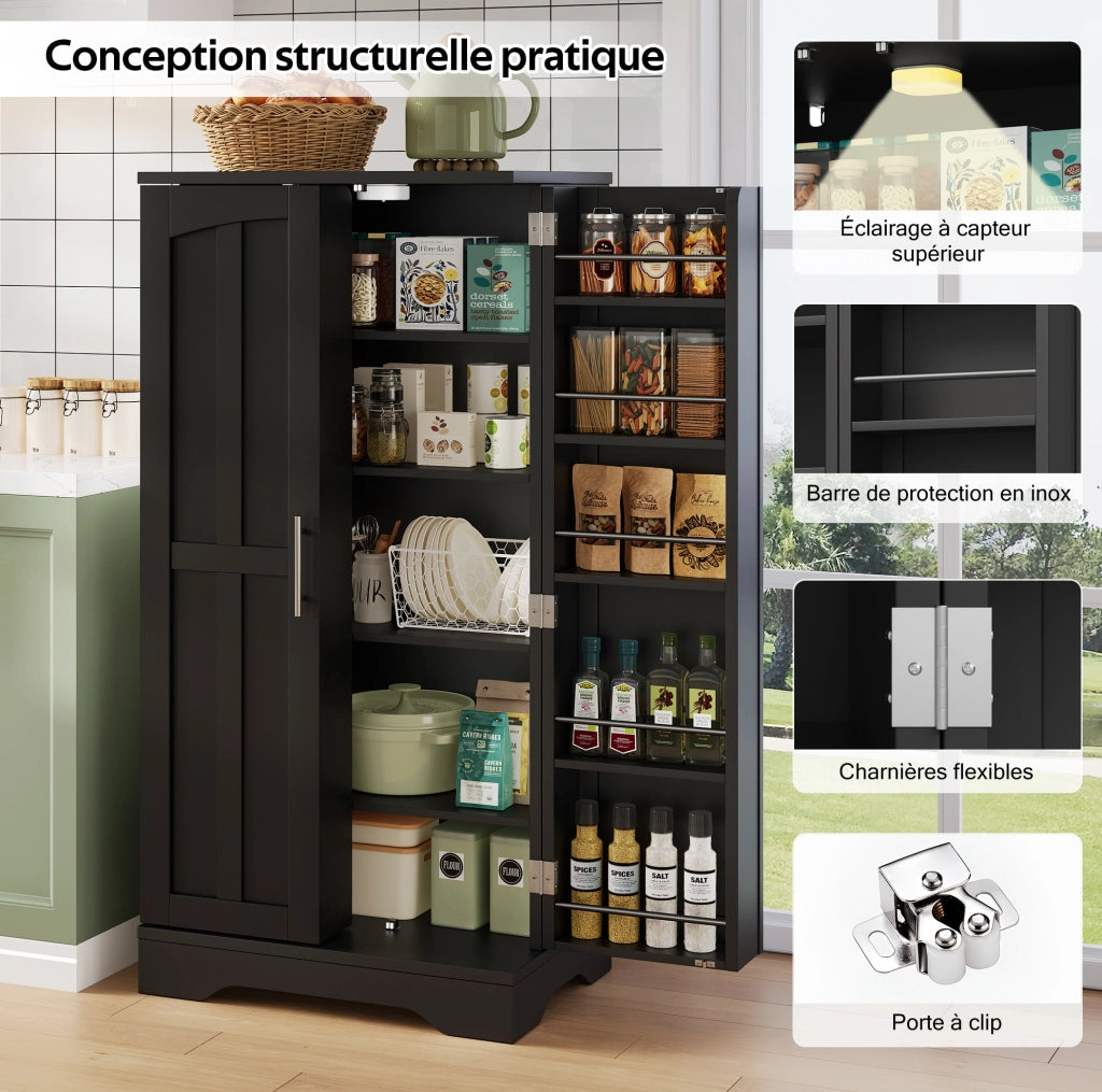 Credenza alta moderna 120x60x40 cm in MDF nero con luce LED sensore e ante scanalate