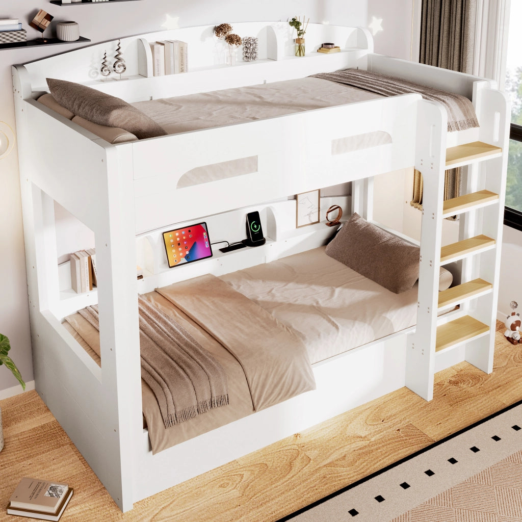 Letto a Castello 90x200 cm con USB; Mensole laterali e ripiani; Bianco