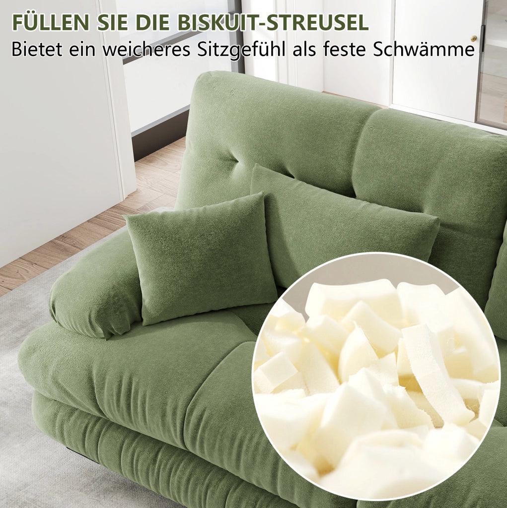 Divano modulare angolare con pouf mobili in chenille verde; seduta profonda