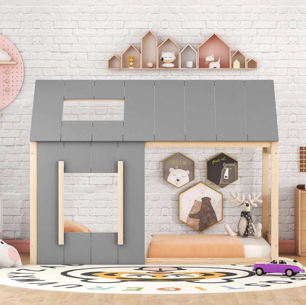 Letto per bambini 90x200 cm a casetta; legno; colore naturale