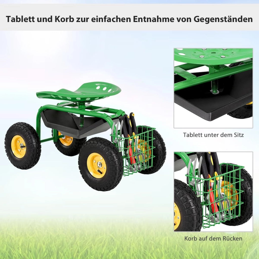 Sedia a rotelle per giardinaggio, da giardino, girevole a 360° e regolabile in altezza, altezza 46-53 cm, portata 150 kg, con ripiano e cesto, per giardinaggio e cura auto (verde)