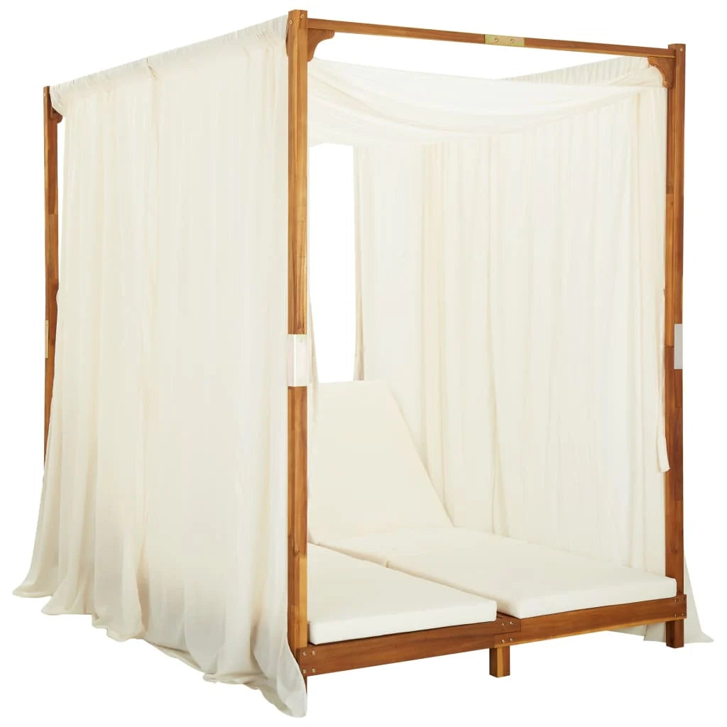 Lettino prendisole sedia a sdraio lettino da giardino mobili da patio set da esterno doppio con tende e cuscini legno di acacia 02_0012739