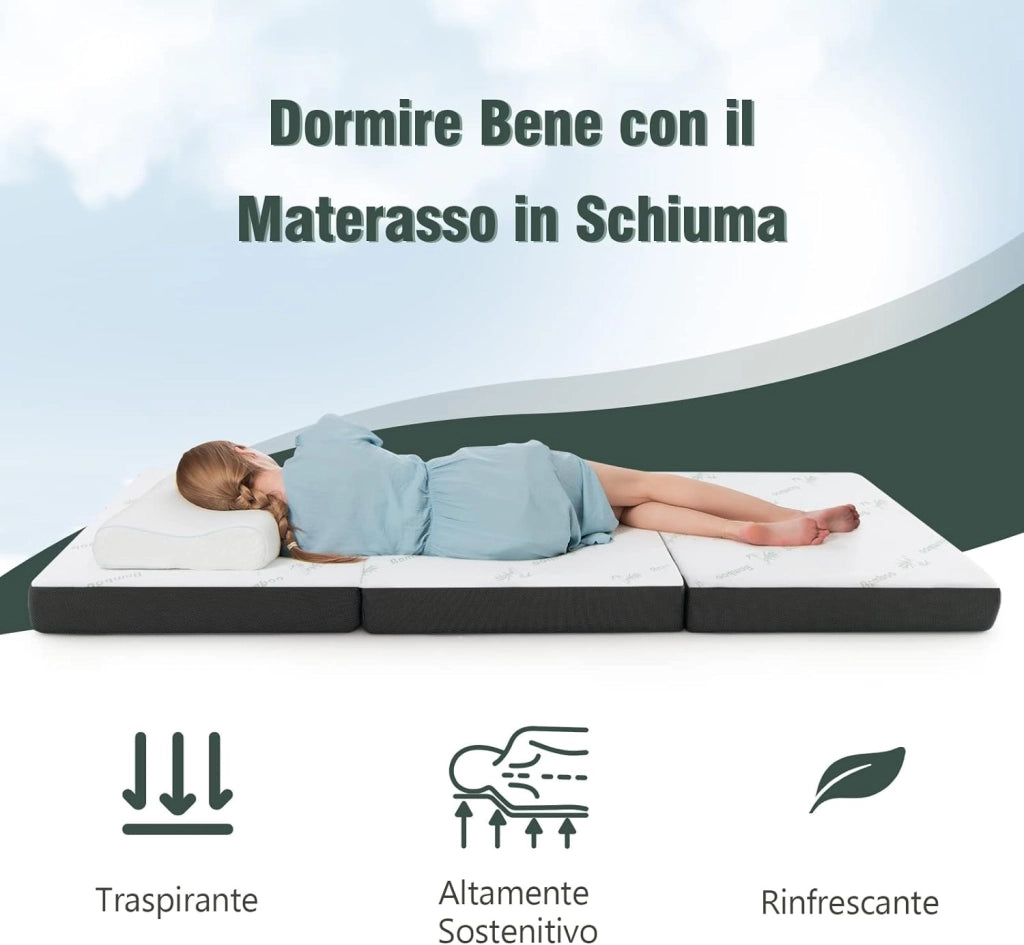 Materasso Pieghevole Ospiti, Materasso da Campeggio Pieghevole in Schiuma con Rivestimento in Fibra di Bambù, Lettino per Ospiti, 193 x 80 x 10 cm