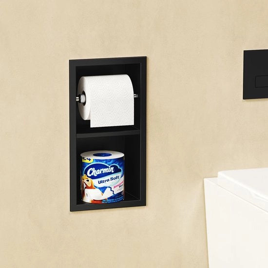 Incorporato dispensatore di carta igienica, dispensatore di carta igienica in acciaio inossidabile, dispensatore di carta igienica con dispensatore di carta igienica e spazio di stoccaggio, fissaggio al muro, doppio strato, 34 x 18 cm, nero
