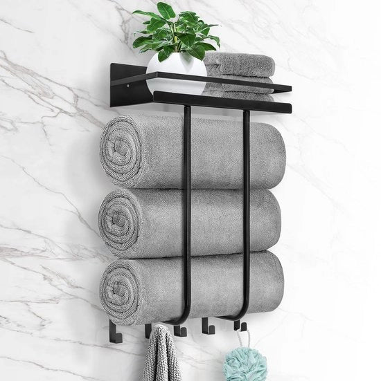 Maniglione per la doccia per piccole bagni, maniglione per la doccia a muro con piattaforma metallica e 5 ganci, maniglione per la doccia con 5 ganci, spazio di stoccaggio per asciugamani arrotolati.