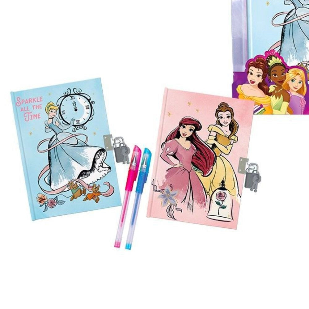 Trade Shop - Set Diari Segreti Principesse Disney Lucchetto Chiavi Penne Glitterate Colorate -