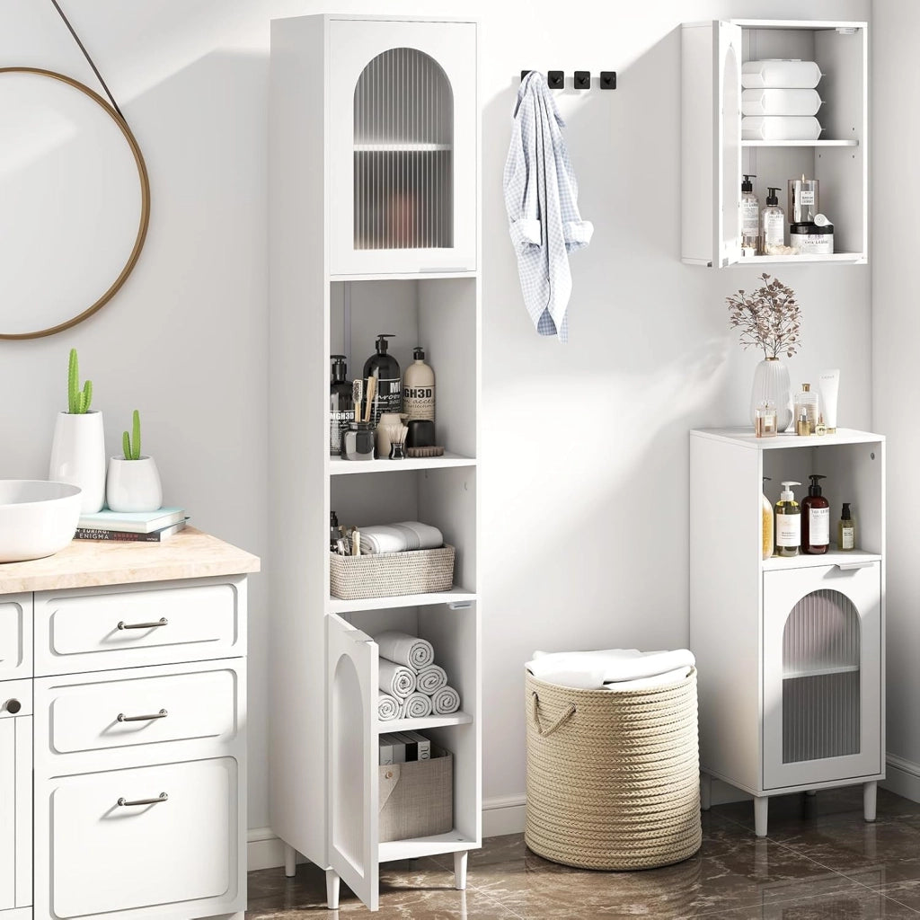 Mobiletto da Bagno, Armadio Alto in Legno con 2 Ante in Vetro Scanalato e Ripiani Regolabile, 35 x 30 x 180 cm, Mobile Salvaspazio per Cucina e Soggiorno (35 x 30 x 180 cm)