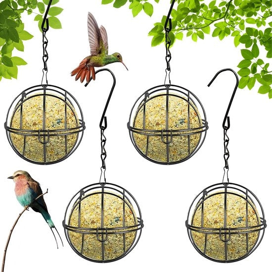 4 pezzi di casa nutrizionale, contenitore per cibo, stazione alimentare per uccelli per appendere, casa nutrizionale metallica per uccelli selvatici nel giardino, diametro 7 cm nero