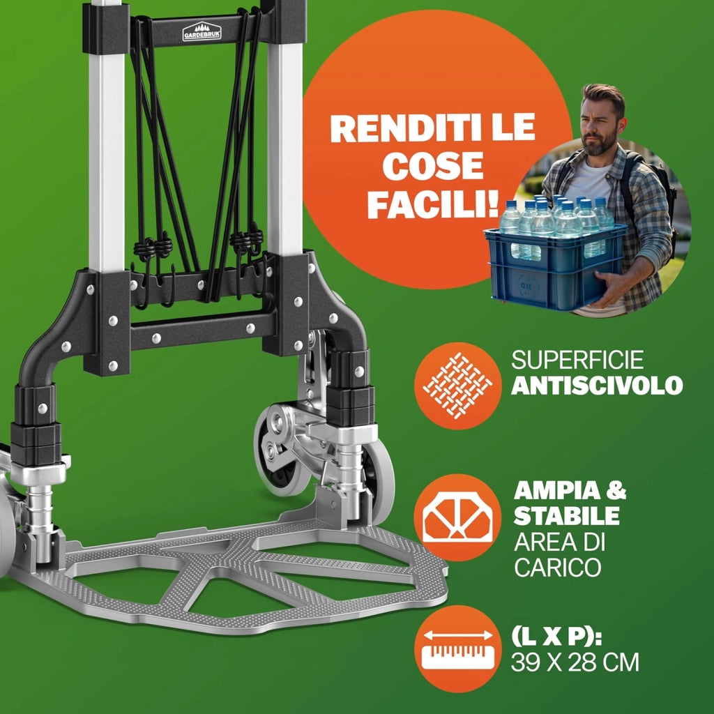 ® Carrello Saliscale con Ruote in PP Antiforatura Pieghevole 80Kg Alluminio Incl. Guanti 2 Corde Carrellino Portapacchi Trasporto Scatole