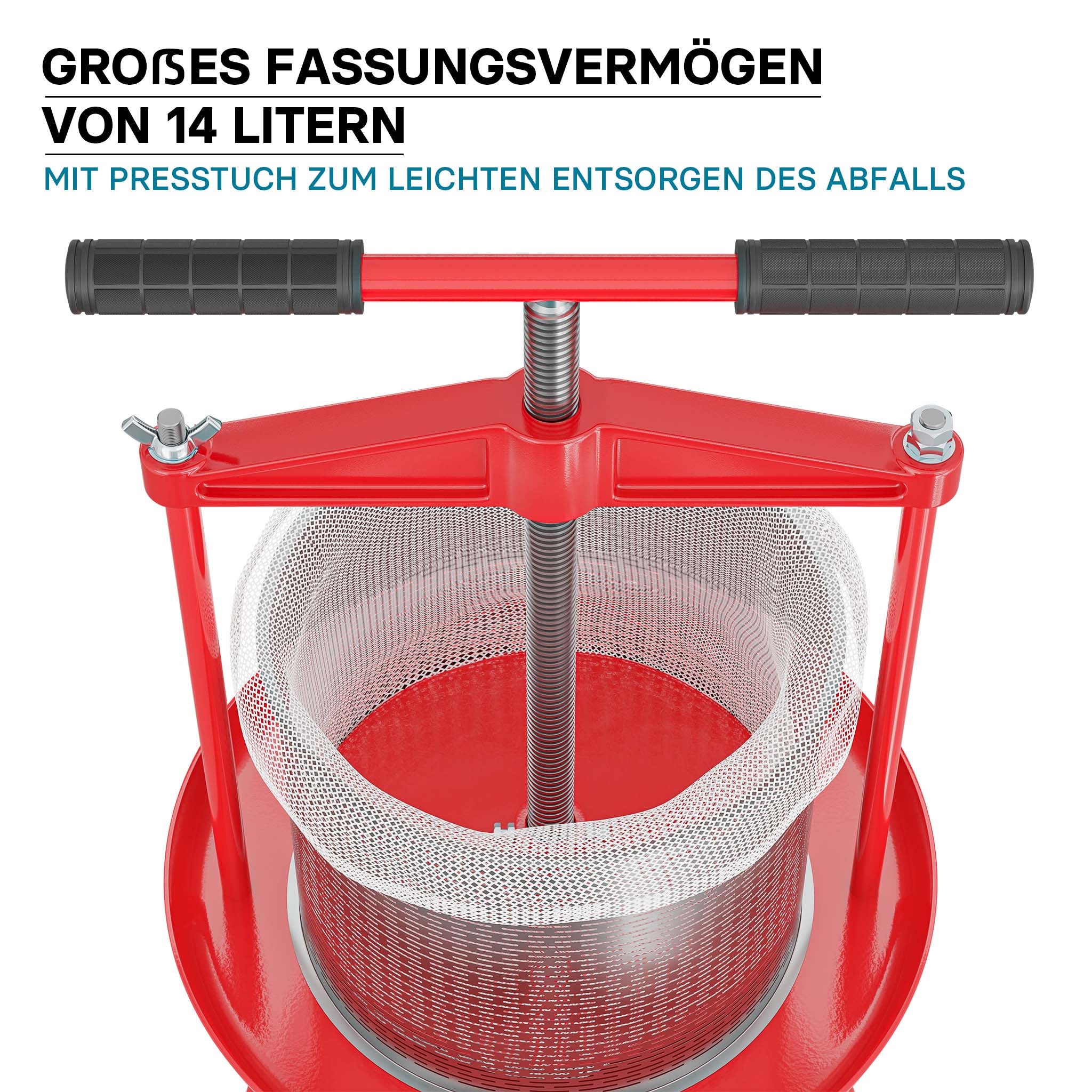Torchio frutta da 14 litri, cestello in acciaio inox, con treppiede e beccuccio