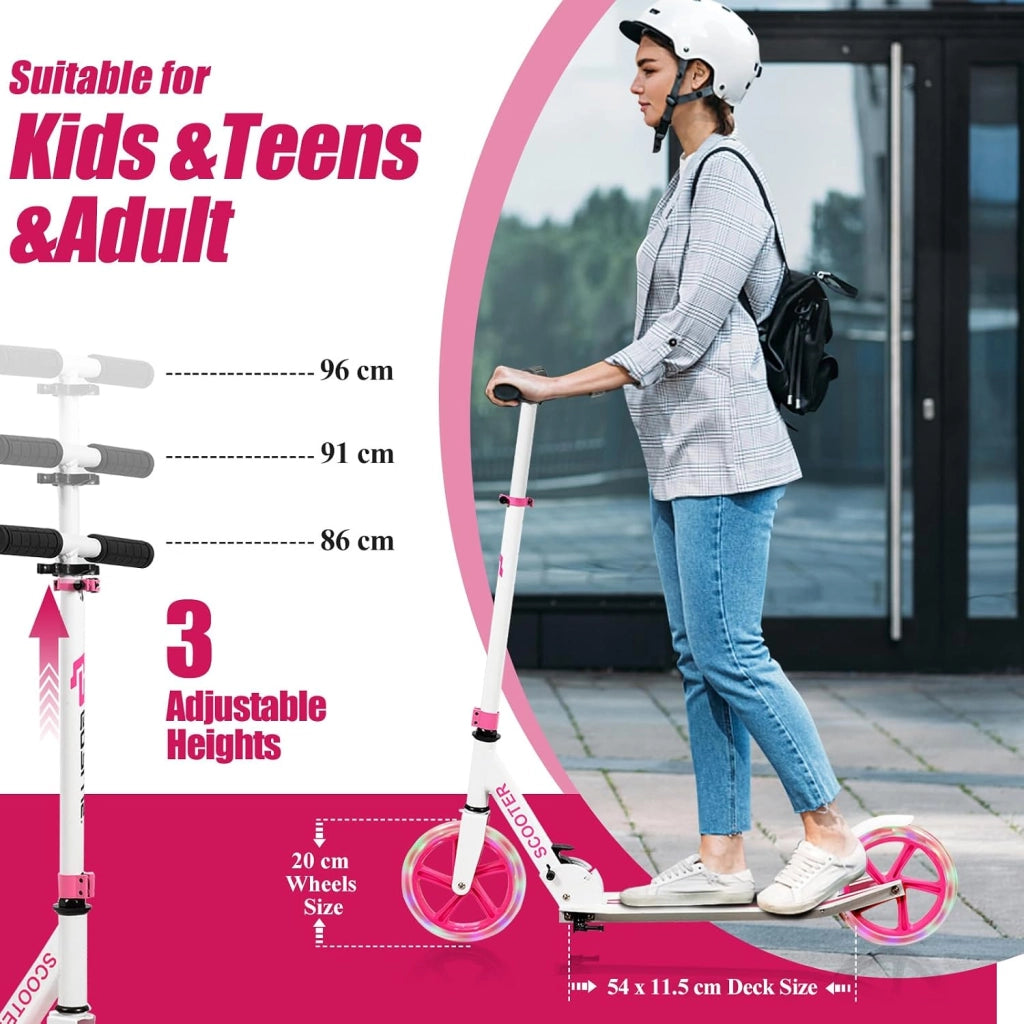 Monopattino Pieghevole per Bambini e Adulti Fino a 110kg, Manopattino a 2 Ruote Luminose con Freno, Scooter per Bambini con Manubrio Regolabile e Cinghia di Trasporto