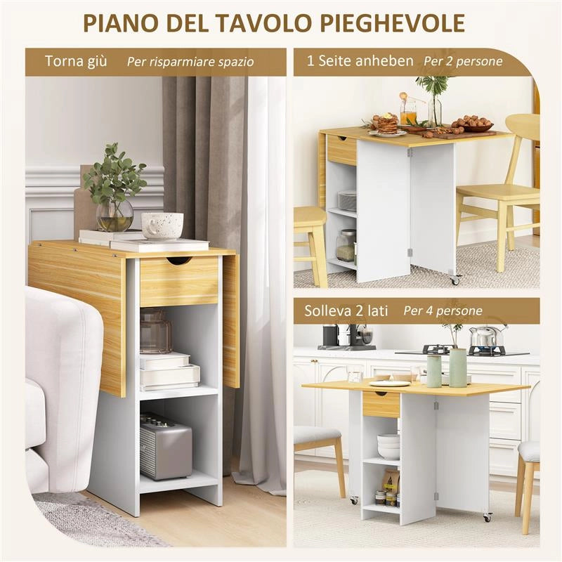 TAVOLO DA PRANZO PIEGHEVOLE PER 2-4 PERSONE CON 2 RIBALTE, CASSETTO E RIPIANI, QUERCIA