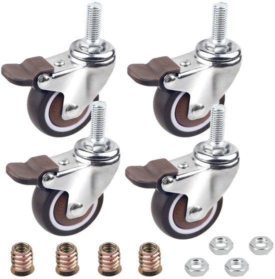 Set di 4 Ruote di Rotolamento con Freno - Capacità di Carico 16 kg per Ruota - Diametro 32 mm - TPE-Rubber - Acciaio Inox Verniciato - Ruote per Mobili