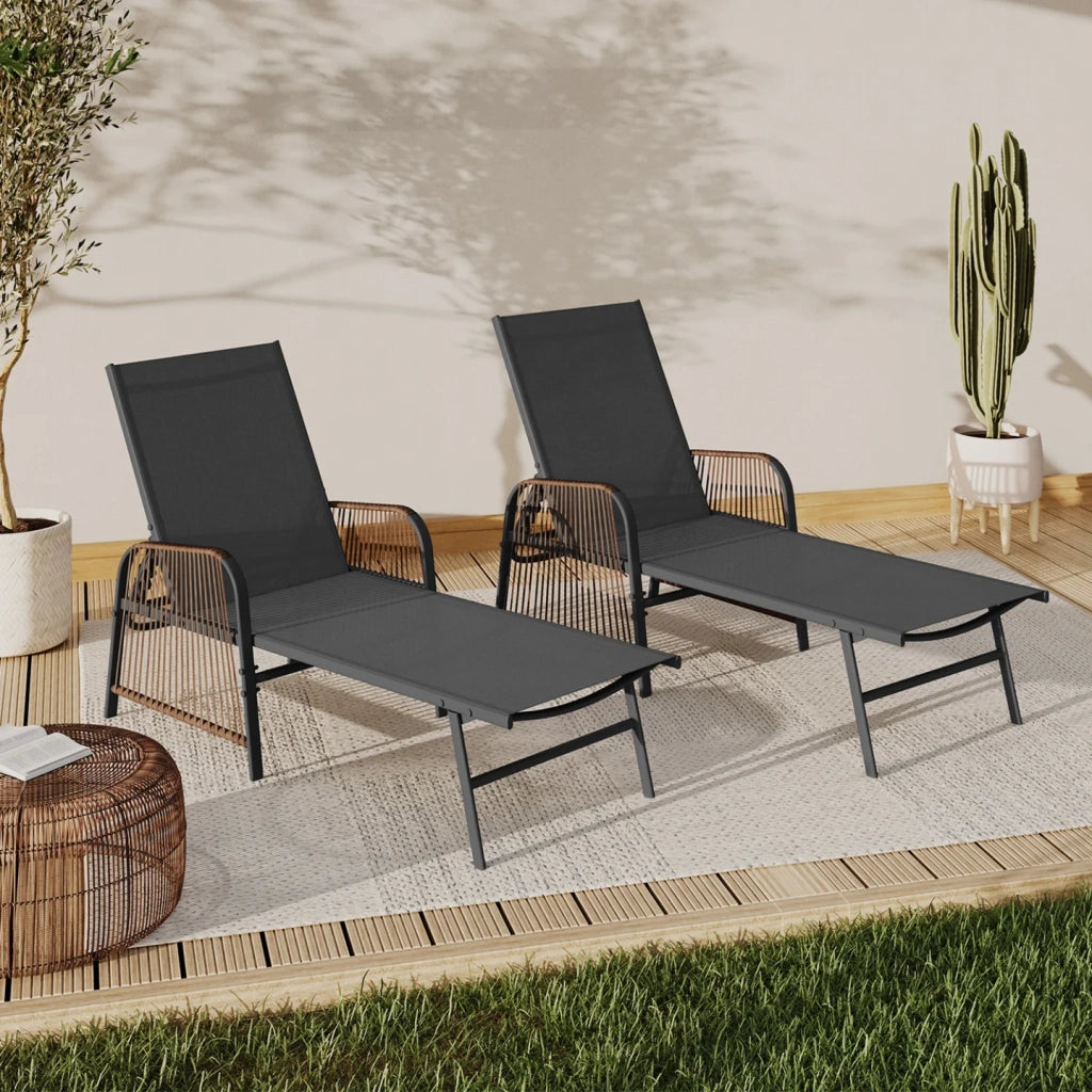 IDMarket - Set di 2 lettini da giardino reclinabili RIO in acciaio grigio antracite, corda in rattan con braccioli e tela grigia