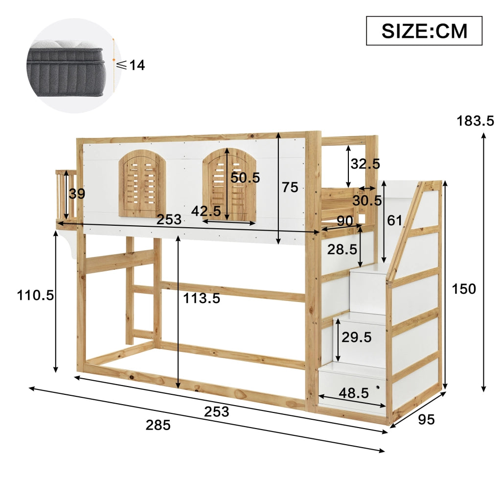 Letto a soppalco per bambini 90x200 cm bianco e naturale