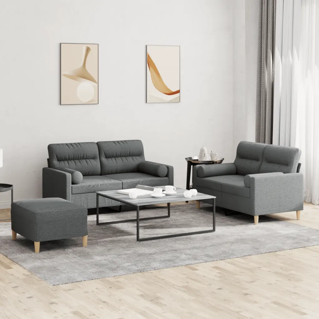 Set di Divani 3 pz con Cuscini Grigio Scuro in Tessuto
